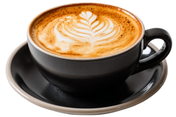 A black cup of coffee with latte art, isolated on a isolated on a transparent background in PNG format.