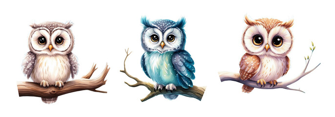 Fototapeta premium Watercolor illustration of three adorable owls sitting on tree branches, painted in soft colors. Perfect for woodland designs, nursery decor, greeting cards, and nature-themed projects.