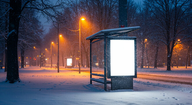 Blank Billboard at Snowy Bus Stop at Night