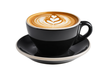 A black cup of coffee with latte art, isolated on a isolated on a transparent background in PNG format.