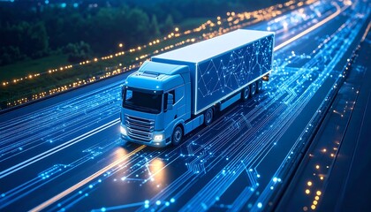 Futuristic truck on a digital highway at night