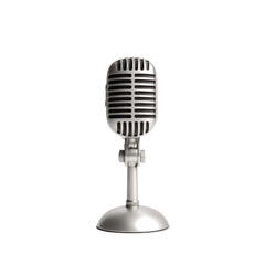 Vintage silver microphone on stand isolated on white background