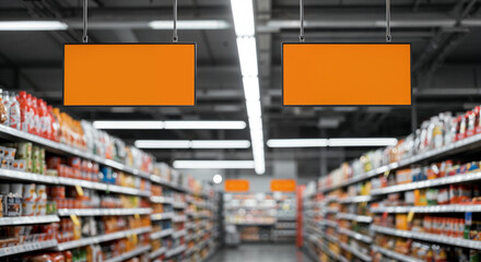 Blank Orange Signage in Supermarket Aisle