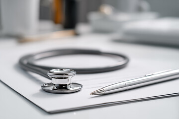 Stethoscope and pen placed on medical paperwork in an organized office setting during a daytime consultation