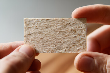Unique textured card held between fingers showcasing natural fibers and craftsmanship in a minimalist setting