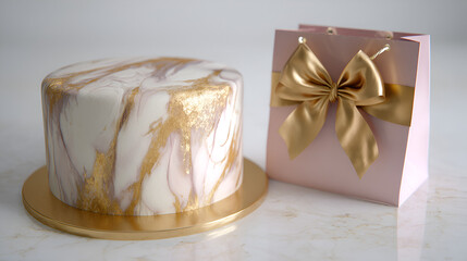 Celebration cake with marbled fondant and gold accents, next to a pink gift bag with a gold bow.