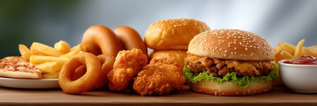 Assorted fast food selection with burgers and fries on wooden surface