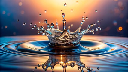 A captivating highspeed photograph showcases a vibrant water splash creating a crown formation with droplets radiating outwards, set against a warm, glowing sunsetlike background