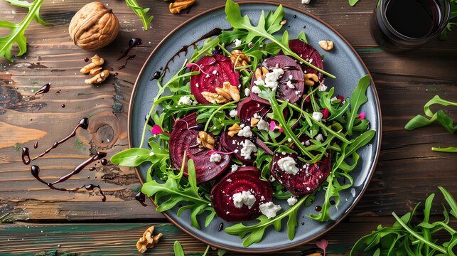 Beet salad with goat cheese crumbles, roasted beetroot slices, walnuts, and arugula