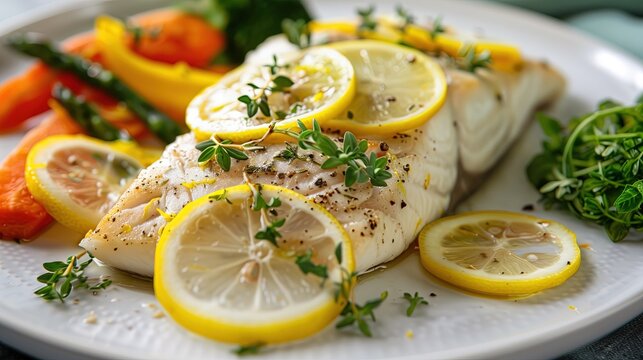 Steamed zander filet with lemon slices and herbs