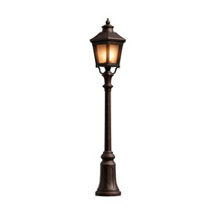 Fototapeta premium Vintage outdoor street lamp with warm glowing light on black background