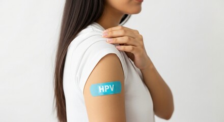 Young woman promotes HPV prevention with vaccine bandaid on arm feeling healthy and protected advocating for vaccinations and wellness