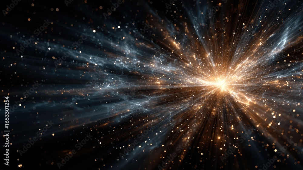 Poster exploding supernova in dark space displaying cosmic rays and dust from a powerful dying star