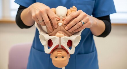 Medical professional demonstrating fetal descent with a pelvic model for childbirth education, showcasing a learning demonstration and process