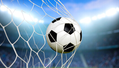 Naklejka premium Dramatic Soccer Goal: Close-up of a classic black and white football entering the net, vibrant stadium lights blurred background, dynamic action shot.