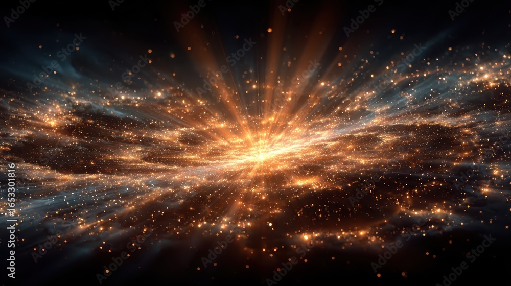 Poster exploding supernova in dark space displaying cosmic rays and dust from a powerful dying star