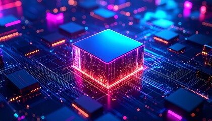 Abstract circuit board with glowing cube