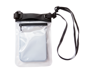 Transparent waterproof phone pouch with black strap and zipper, isolated on transparent background