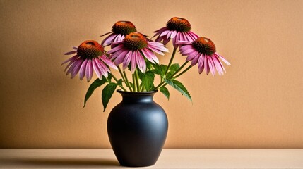 A vase of purple flowers sits on a table