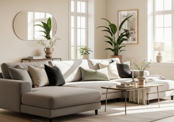 Fototapeta premium Modern living room with comfortable sectional sofa and large windows flooded with natural light