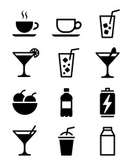 Black and White Beverage Icon Set Illustration Various Drinks and Refreshments Collection Modern Flat Design Perfect for Menu and Web Graphics