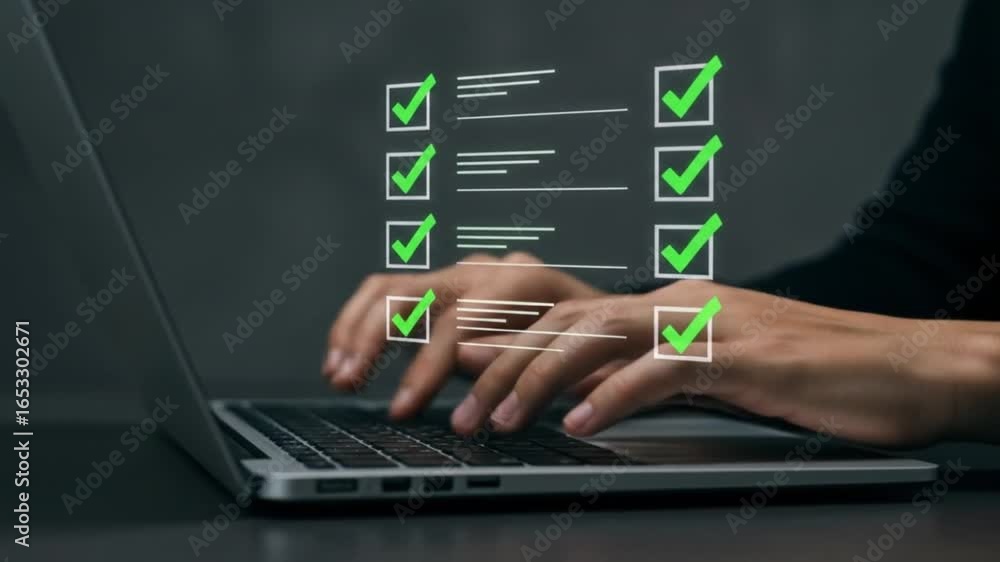 Poster person using laptop with digital checklist overlay, showing completed tasks and productivity at work