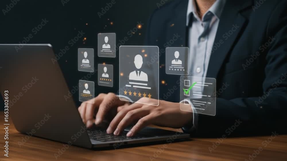 Poster a person in a suit using a laptop with candidate profiles and ratings displayed on a virtual interfa