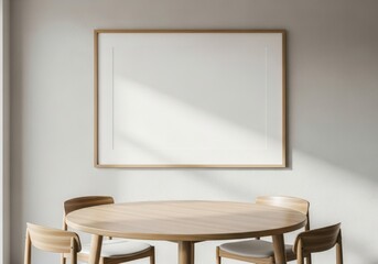 Modern dining room scene with blank framed artwork above wooden table and chairs