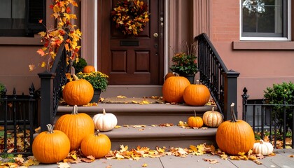 Autumnal porch decorated with pumpkins and fall leaves