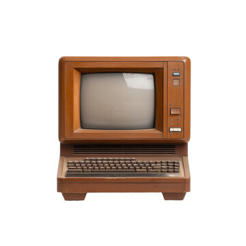 Vintage 1980s brown personal computer with crt monitor and keyboard