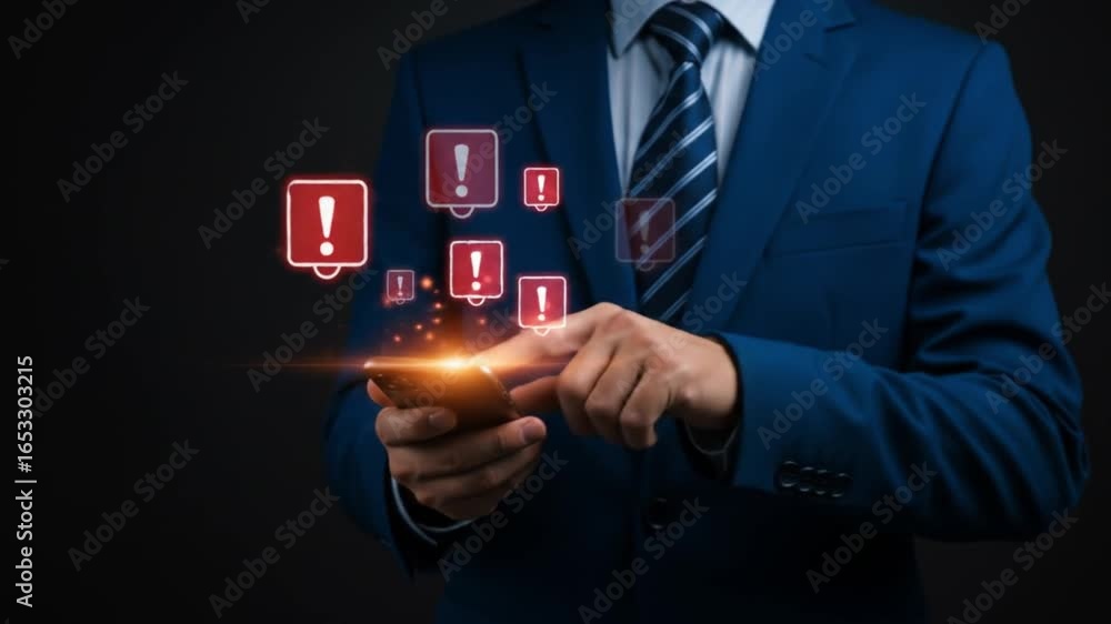 Poster man in suit using smartphone with digital exclamation point icons floating around the device screen 