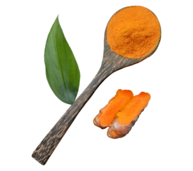 curcumin powder in wood spoon  and slice picese on white background .premium photo psd.