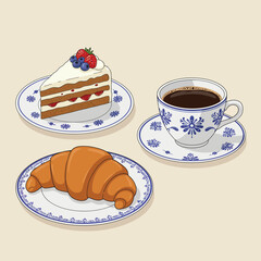 A cake a cup of coffee and a croissant on floral china plates