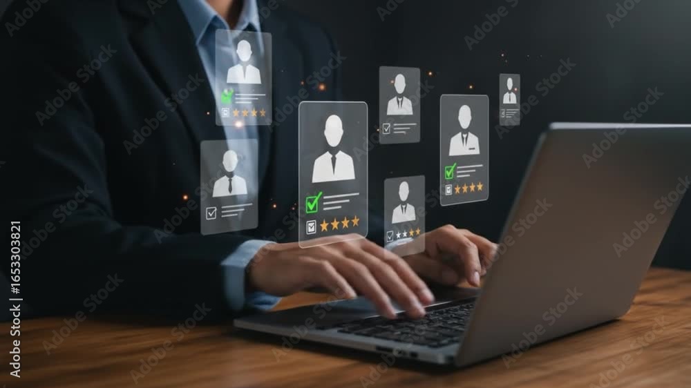Poster a person in a suit is typing on a laptop with candidate profile icons floating above the keyboard ar