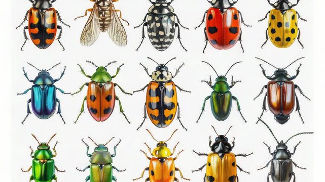 A group of variously colored bugs gathered on a white surface