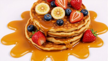 Ok Artistic food arrangement of a stacked waffle with honey banana slices strawberries and blueberries in macro style for wallpaper background