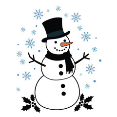 A cheerful snowman wearing a top hat and scarf in winter