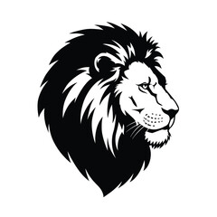 A black and white illustration of a lion s head in profile view