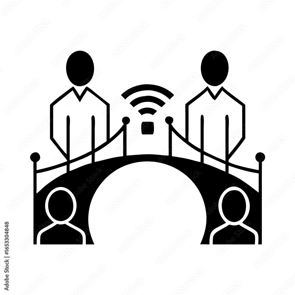 Poster vector art of two people on a bridge with a wireless signal between them, representing digital conne
