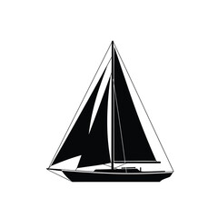 A black and white illustration of a sailboat with triangular sails on calm water