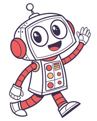 Obraz premium Cheerful cartoon robot waving on plain background, friendly android character with antenna and retro design elements, perfect for children's illustration and educational content