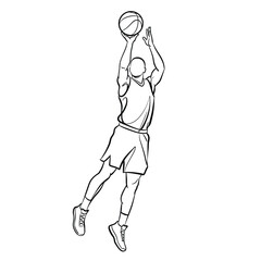 Man jumping up to shoot a basketball with both hands