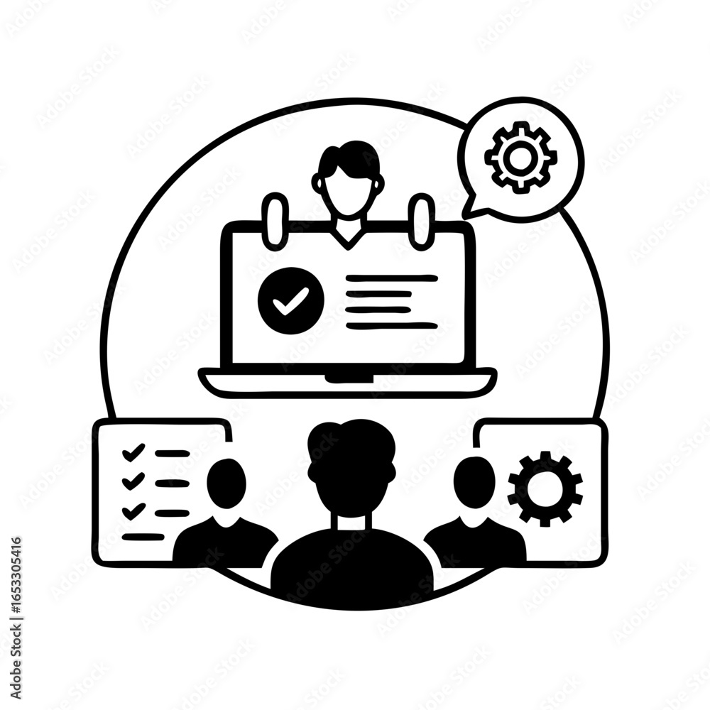 Poster vector art of business team collaborating on a project with a laptop and checklist icon