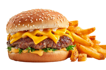 Binary cheeseburger with fries, isolated on a transparent background in PNG format.