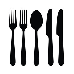 Black silhouettes of forks spoon and knives on a white background