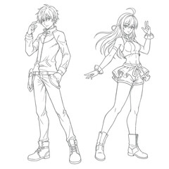 Anime style illustration of young man and woman in casual outfits standing together