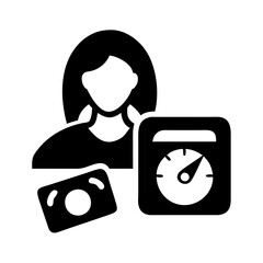 Vector art of woman with money and performance gauge, representing financial assessment or credit score