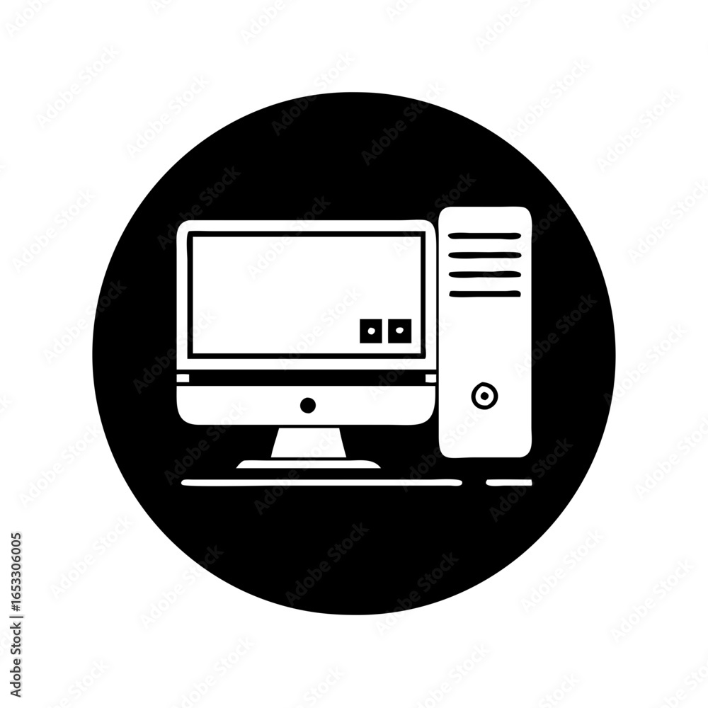 Aufkleber vector art of desktop computer with monitor and keyboard inside a black circle
