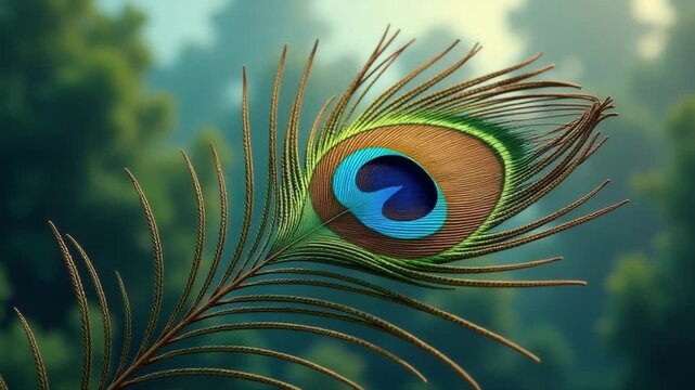 A single peacock feather sits on a tree branch, with natural texture and vibrant colors
