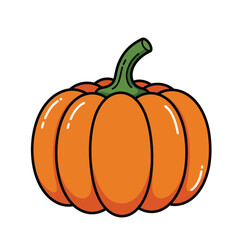 A cartoon orange pumpkin with a green stem on a white background